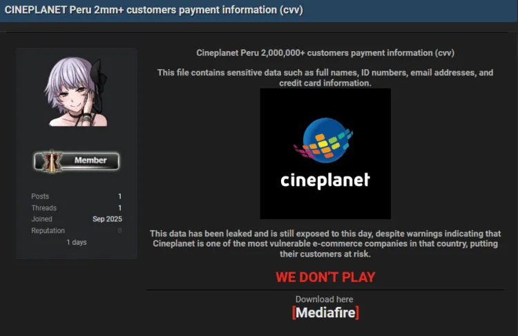 Cineplanet Data Breach Exposes 2 Million Peruvian Customers