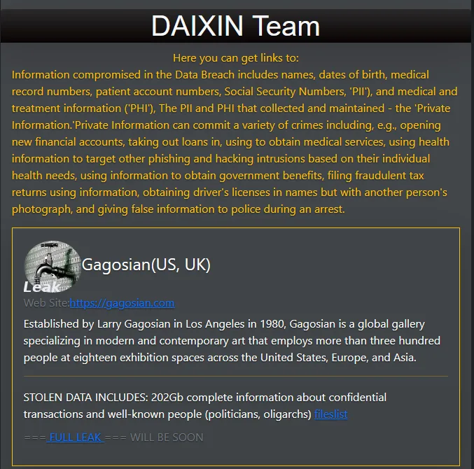 Daixin Ransomware Group Allegedly Breaches Global Art Gallery Gagosian