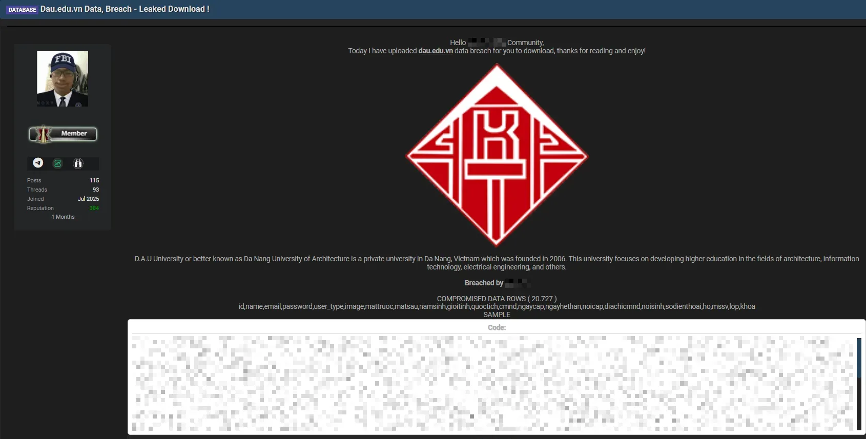 Da Nang University of Architecture Data Allegedly Breached, Over 20,000 Records Leaked