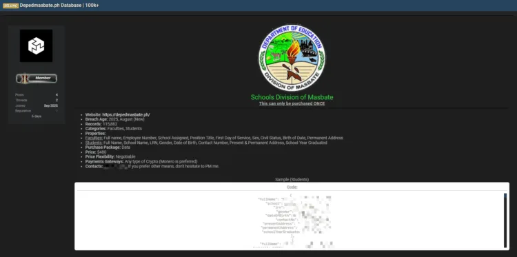 Philippine Department of Education Division for Masbate Allegedly Breached – Data of Over 115,000 Students and Faculty for Sale