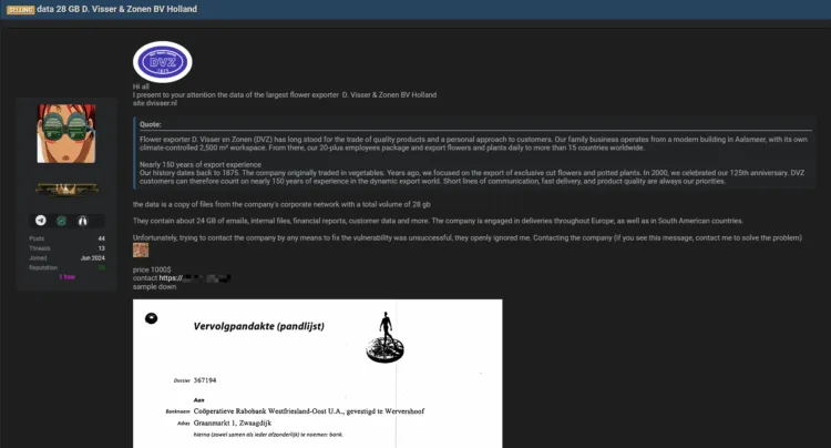 Major Dutch Flower Exporter D. Visser & Zonen BV Allegedly Breached – 28GB of Data for Sale