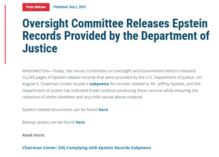 House Oversight Committee Releases Over 33,000 Files of Epstein Records from Department of Justice