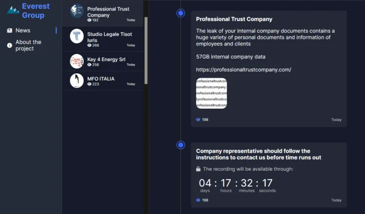 Everest Ransomware Claims Attacks on Professional Trust Company, Studio Legale Tisot Iuris, Key 4 Energy, and MFO ITALIA