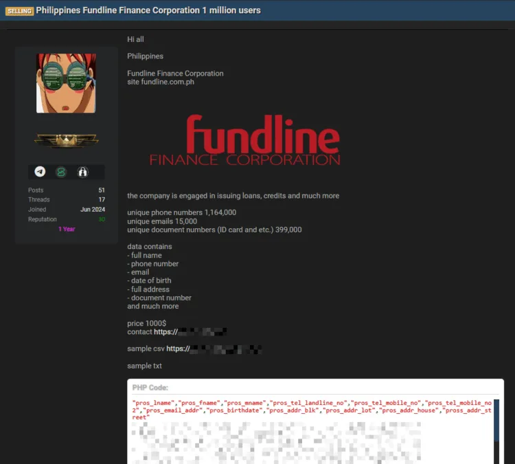 Fundline Finance Corporation of the Philippines Allegedly Hit by Massive Data Breach, 1 Million Users’ Data for Sale
