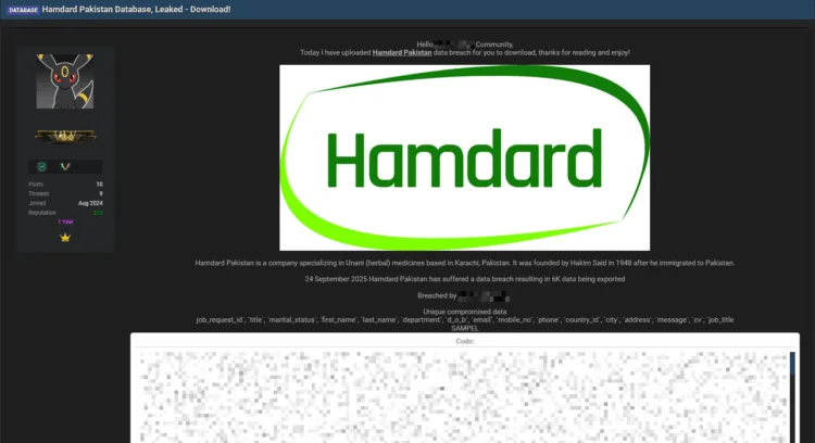 Hamdard Pakistan Suffers Significant Data Breach