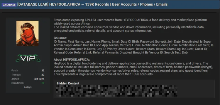 HeyFood Africa Data Breach Allegedly Exposes 139,000 User Records