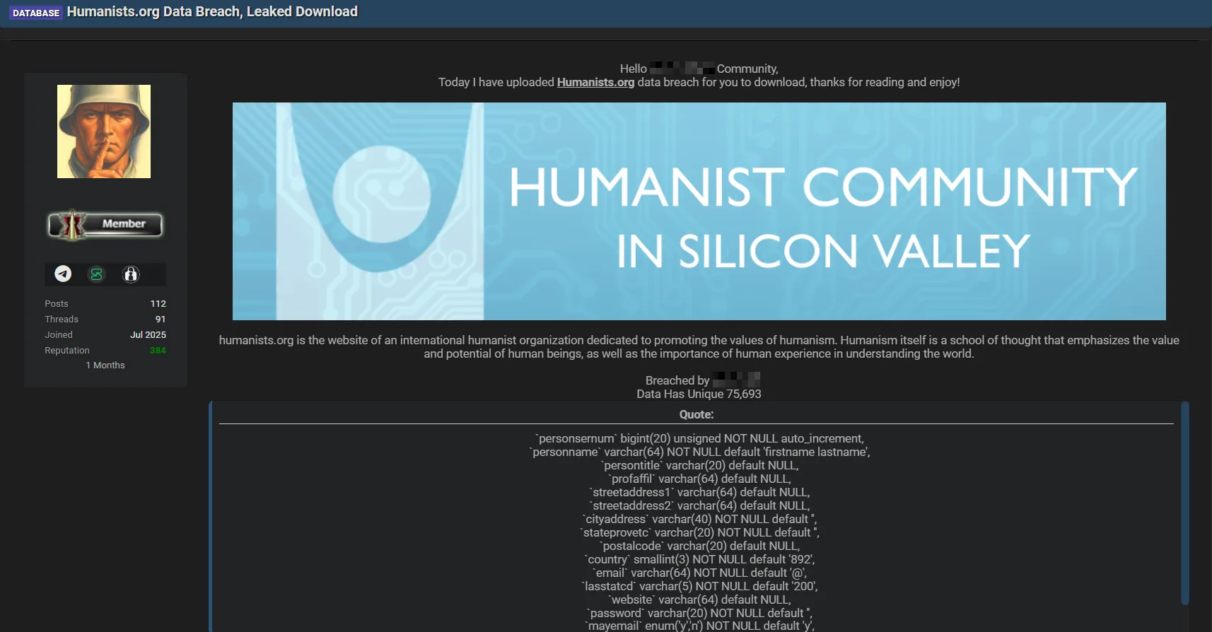 Humanists.org Database Allegedly Breached – Data of 75,000 Members Leaked Online