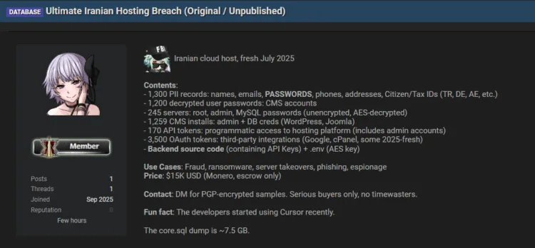 Iranian Cloud Hosting Provider Allegedly Breached – Sensitive Customer and Server Data for Sale