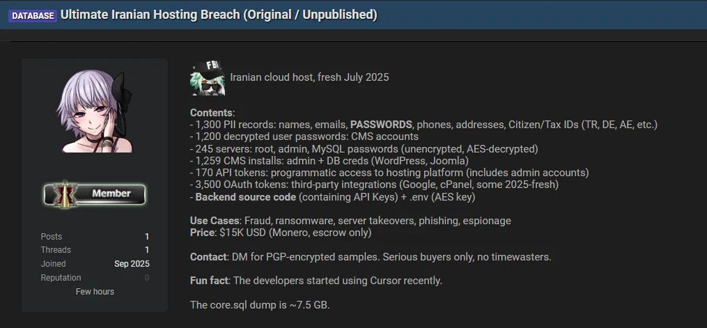 Iranian Cloud Hosting Provider Allegedly Breached – Sensitive Customer and Server Data for Sale