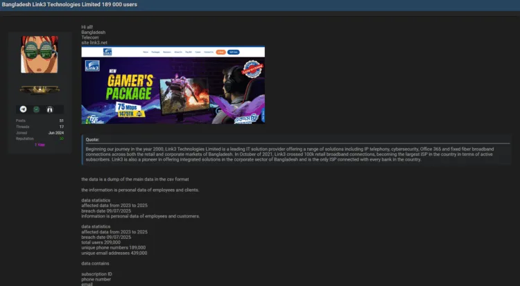 Major Bangladeshi ISP Link3 Technologies Allegedly Breached, Data of 189,000 Users for Sale