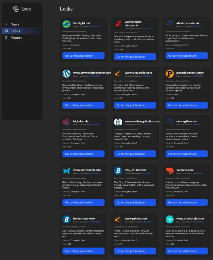 Lynx Ransomware Group Allegedly Breaches FirstLight, Ziegler-Design, Elektro-Buder, Simmons Boardman, Six Guns LLC, Pesado Construction, HighDoc, Medway Plastics, Denray Tire, Metro Technology Centers, City of Batavia, Volanno, Bemac-Merivale, Primax, and Ona Hotels