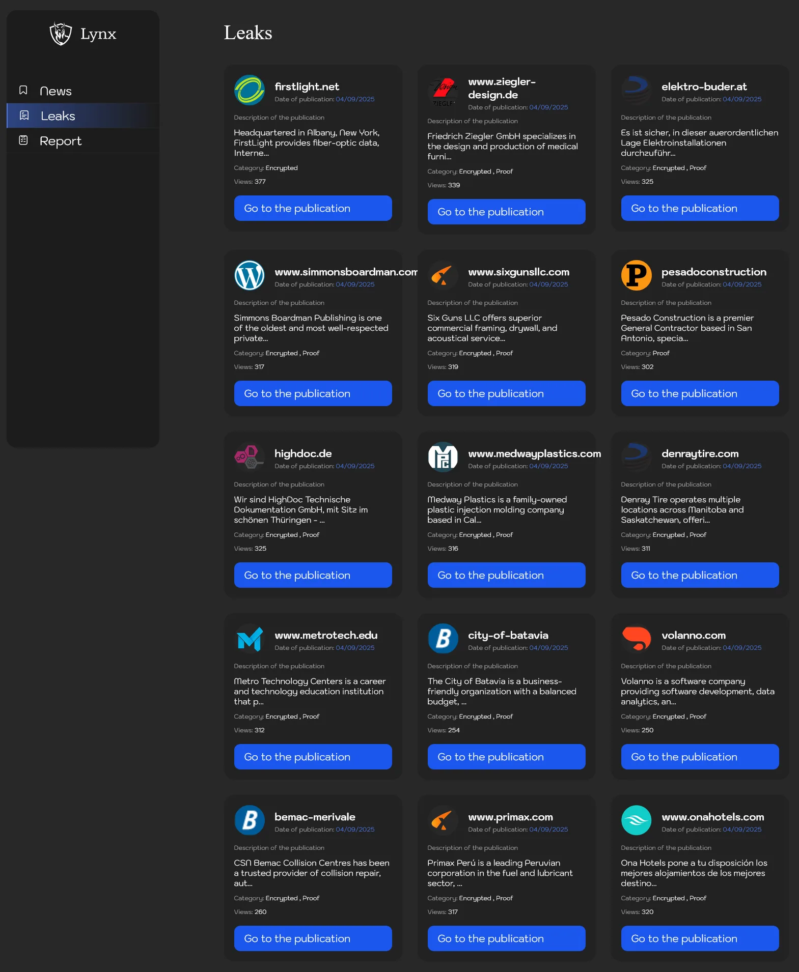 Lynx Ransomware Group Allegedly Breaches FirstLight, Ziegler-Design, Elektro-Buder, Simmons Boardman, Six Guns LLC, Pesado Construction, HighDoc, Medway Plastics, Denray Tire, Metro Technology Centers, City of Batavia, Volanno, Bemac-Merivale, Primax, and Ona Hotels
