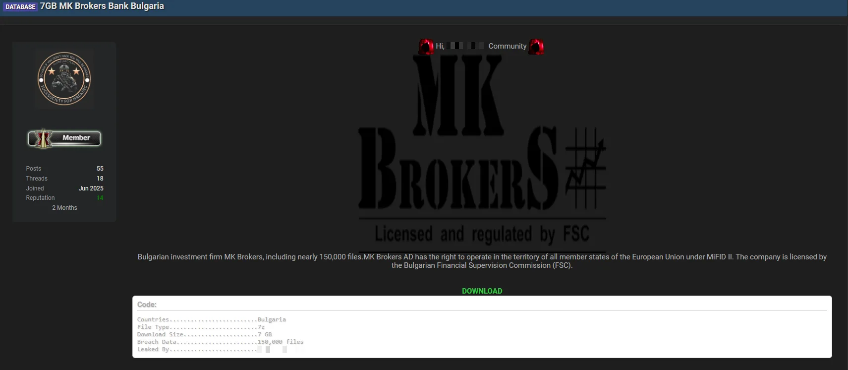 Bulgarian Investment Firm MK Brokers Allegedly Suffers Major Data Breach
