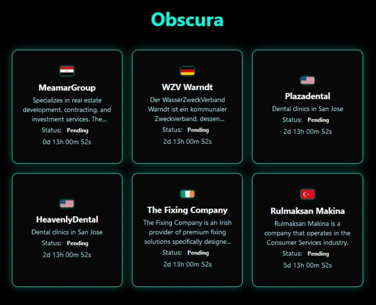 Obscura Ransomware Allegedly Breaches MeamarGroup, WZV Warndt, Plazadental, HeavenlyDental, The Fixing Company, and Rulmaksan Makina