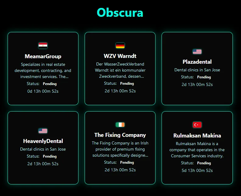 Obscura Ransomware Allegedly Breaches MeamarGroup, WZV Warndt, Plazadental, HeavenlyDental, The Fixing Company, and Rulmaksan Makina