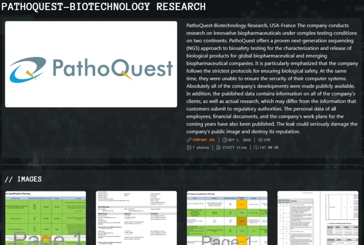 Qilin Ransomware Allegedly Breaches Biotechnology Firm PathoQuest, Leaks 147GB of Data