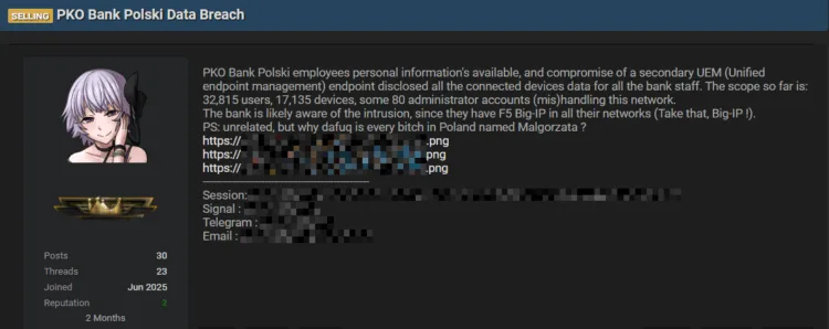 PKO Bank Polski Allegedly Breached – Data of 32,000 Employees for Sale