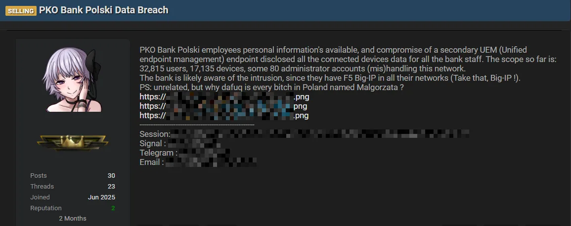 PKO Bank Polski Allegedly Breached – Data of 32,000 Employees for Sale
