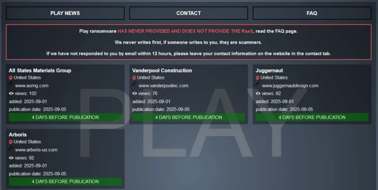 Play Ransomware Allegedly Breaches All States Materials Group, Vanderpool Construction, Juggernaut, and Arboris