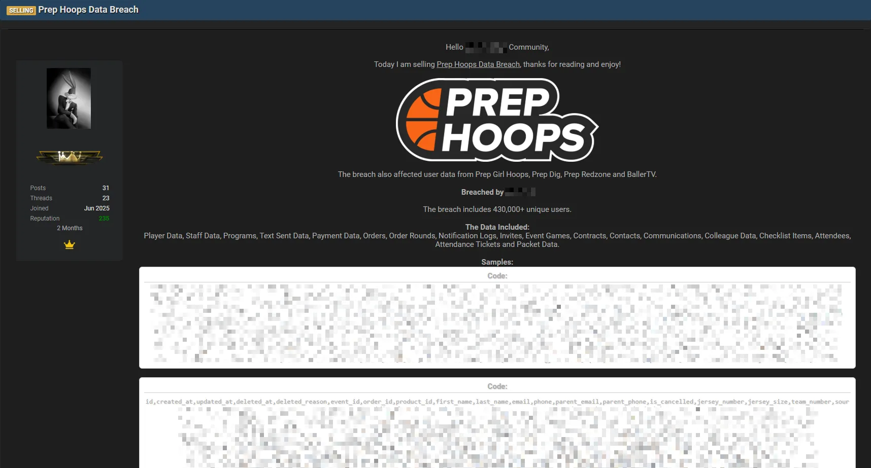 Prep Hoops Allegedly Breached, Data of Over 430,000 Users Leaked Online