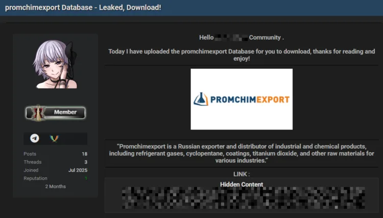 Russian Chemical Exporter Promchimexport Allegedly Breached, Database Leaked
