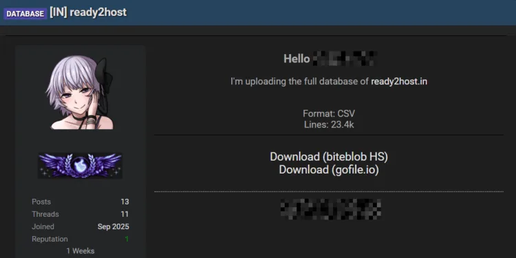 Indian Web Host Ready2Host Suffers Data Breach, 23.4k Customer Records Allegedly Leaked