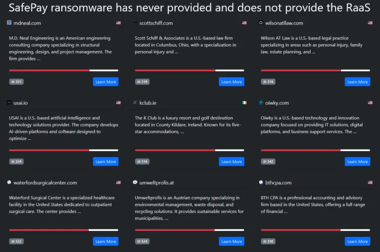 SafePay Ransomware Allegedly Breaches M.D. Neal Engineering, Scott Schiff & Associates, Wilson AT Law, USAI, The K Club, Oiwky, Waterford Surgical Center, Umweltprofis, and BTH CPA