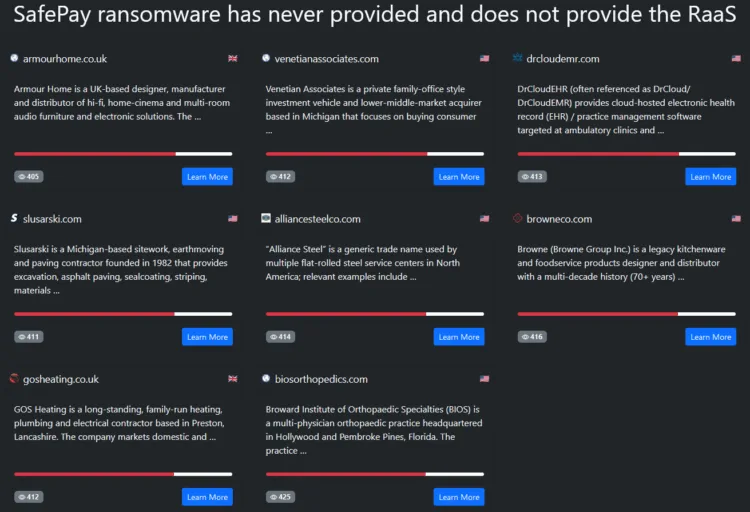Safepay Ransomware Allegedly Breaches Armour Home, Venetian Associates, DrCloudEHR, Slusarski, Alliance Steel, Browne, GOS Heating, and BIOS Orthopedics