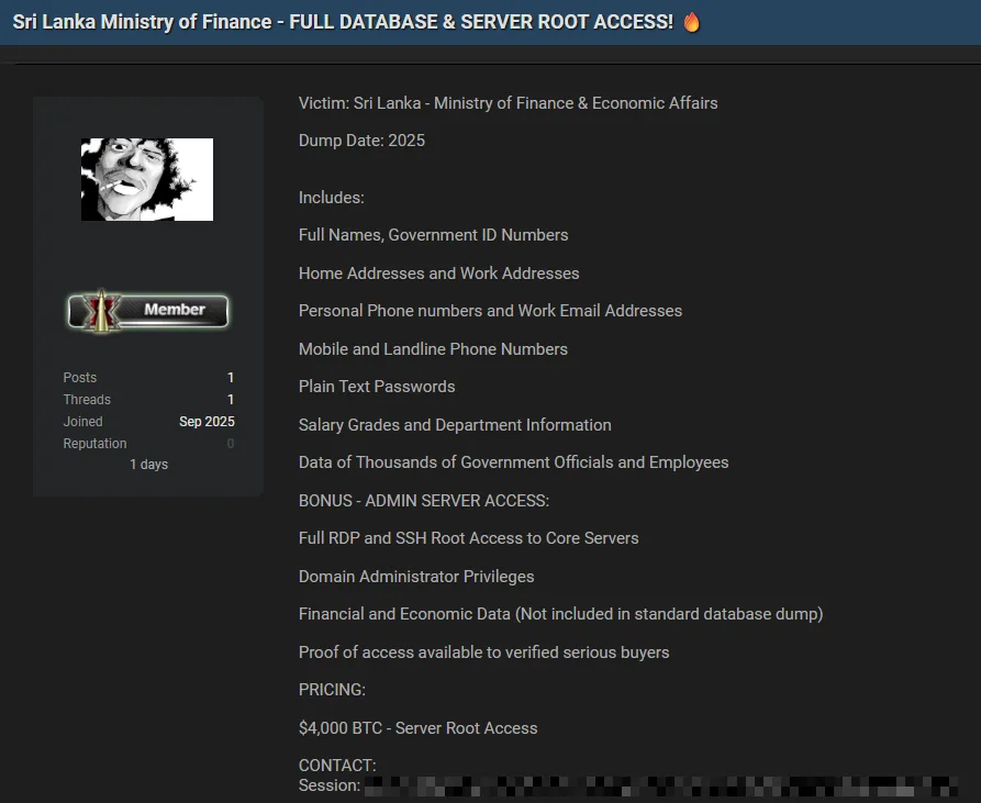 Sri Lanka’s Ministry of Finance Allegedly Breached; Full Database and Server Access for Sale