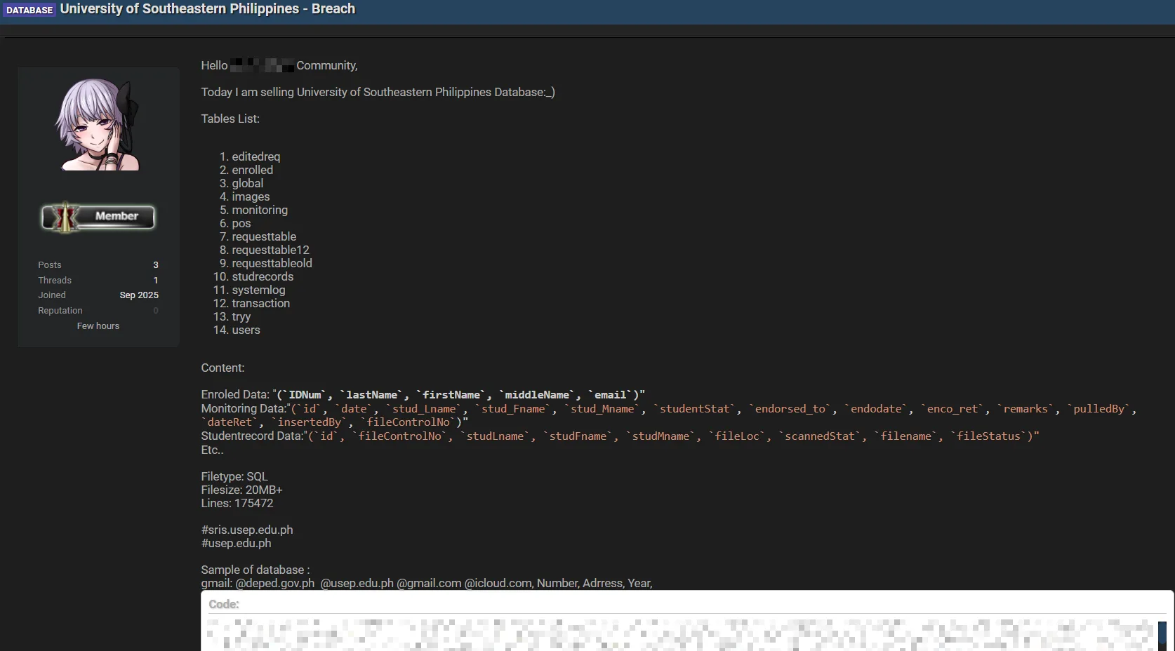 University of Southeastern Philippines Database Allegedly Breached – Student Data for Sale