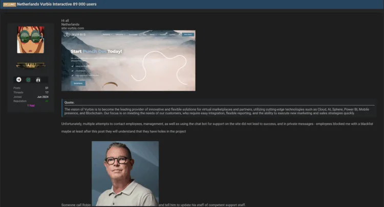 Dutch Tech Firm Vurbis Interactive Allegedly Breached – Data of Nearly 89,000 Users for Sale