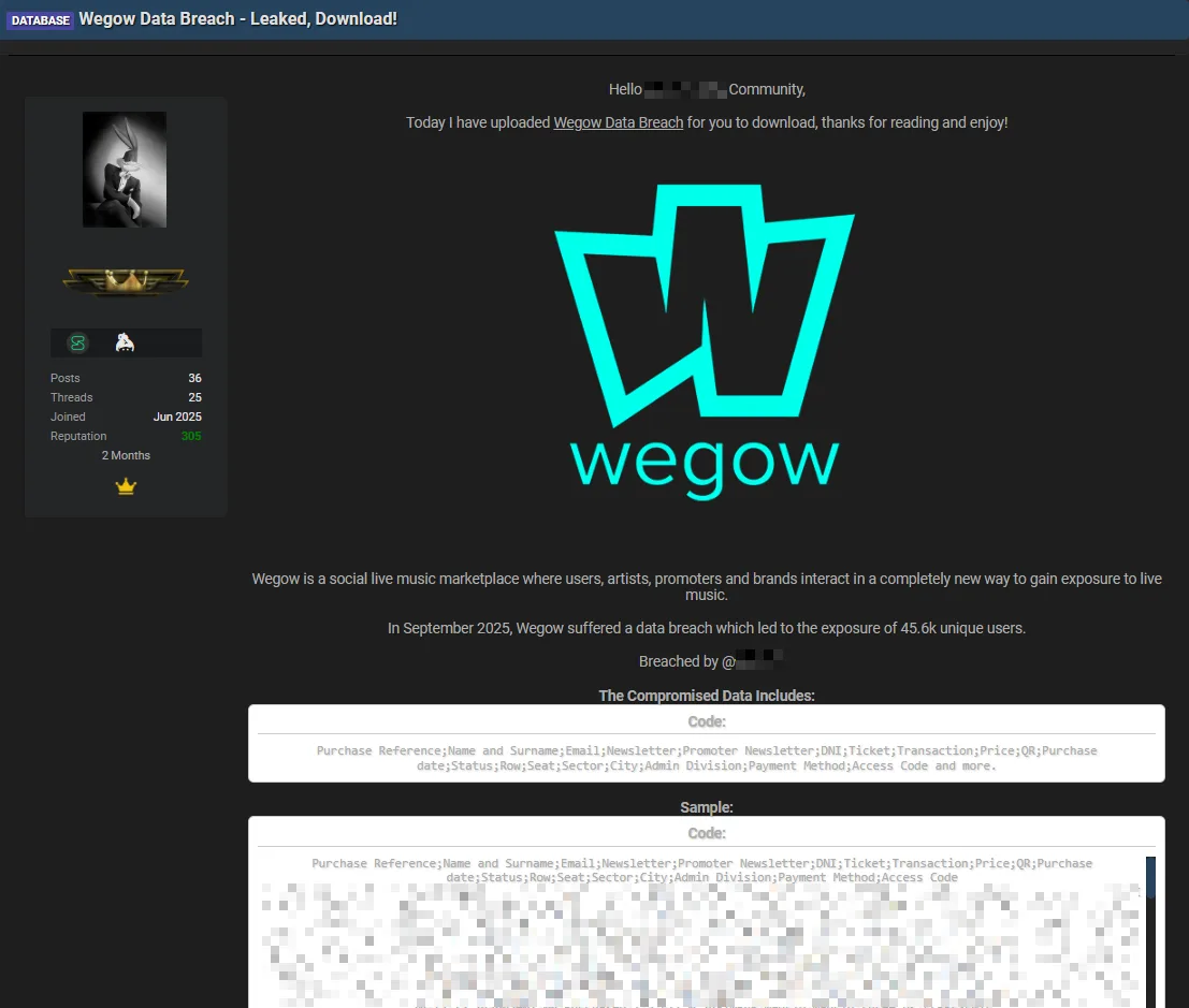 Spanish Concert Platform Wegow Allegedly Breached, Data of 45,600 Users Leaked Online