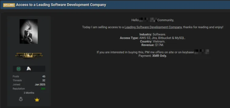 Vietnamese Software Firm Network Access for Sale on Dark Web