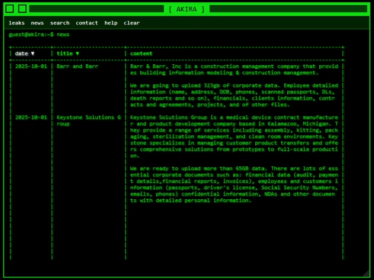Akira Ransomware Breaches Barr & Barr and Keystone Solutions