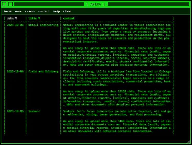 Akira Ransomware Group Claims Natoli Engineering, Field and Goldberg LLC, and Saskarc Inc