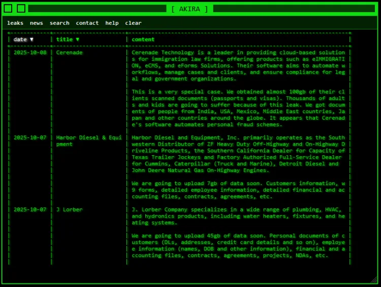 Akira Ransomware Attack Hits Cerenade Technology, Harbor Diesel & Equipment, J. Lorber Company