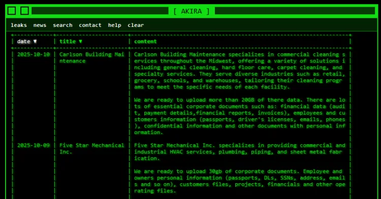 Akira Ransomware Group Claims Hits Carlson Building Maintenance and Five Star Mechanical Inc