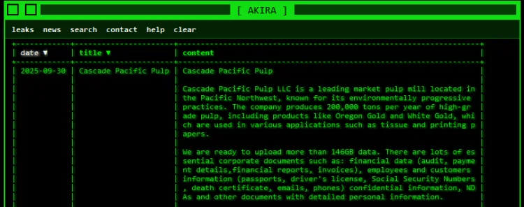 Cascade Pacific Pulp LLC Targeted in Akira Ransomware Attack