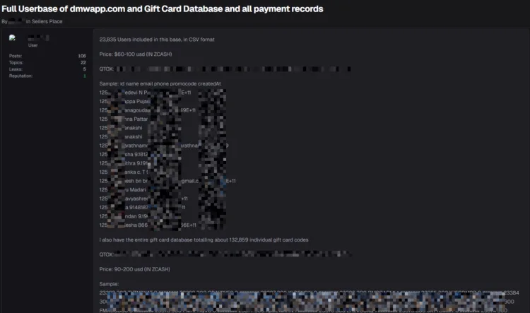 dmwapp Data Breach Exposes User and Payment Records