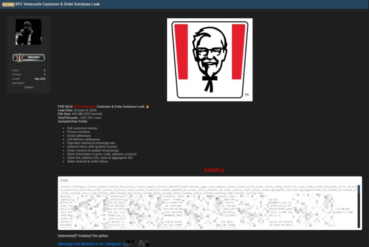 KFC Venezuela Customer and Order Database Leaked for Sale