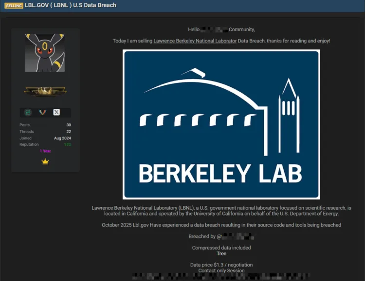 Lawrence Berkeley National Laboratory Data Breach Exposes Source Code