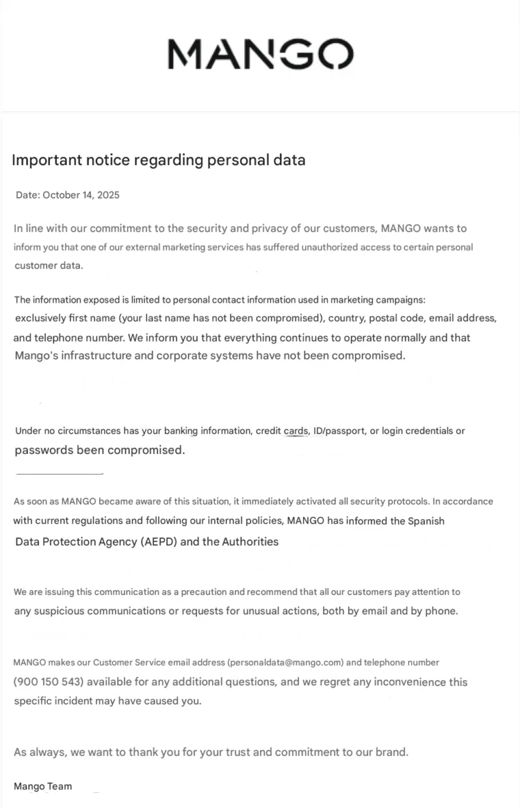 Mango Discloses Data Breach Affecting Customer Information