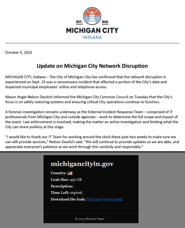 Michigan City, Indiana Confirms Ransomware Attack by Obscura