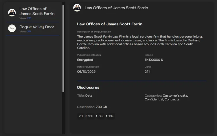 Sinobi Ransomware Attack Hits Law Offices of James Scott Farrin and Rogue Valley Door