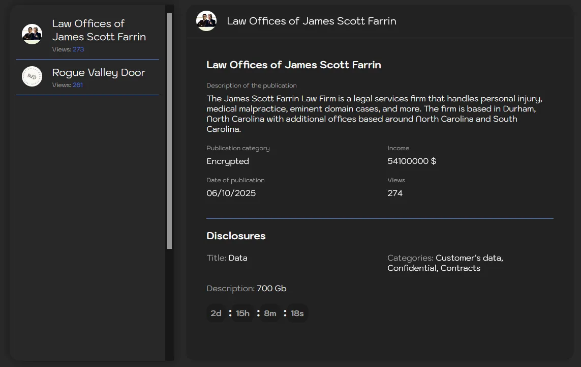 Sinobi Ransomware Attack Hits Law Offices of James Scott Farrin and Rogue Valley Door