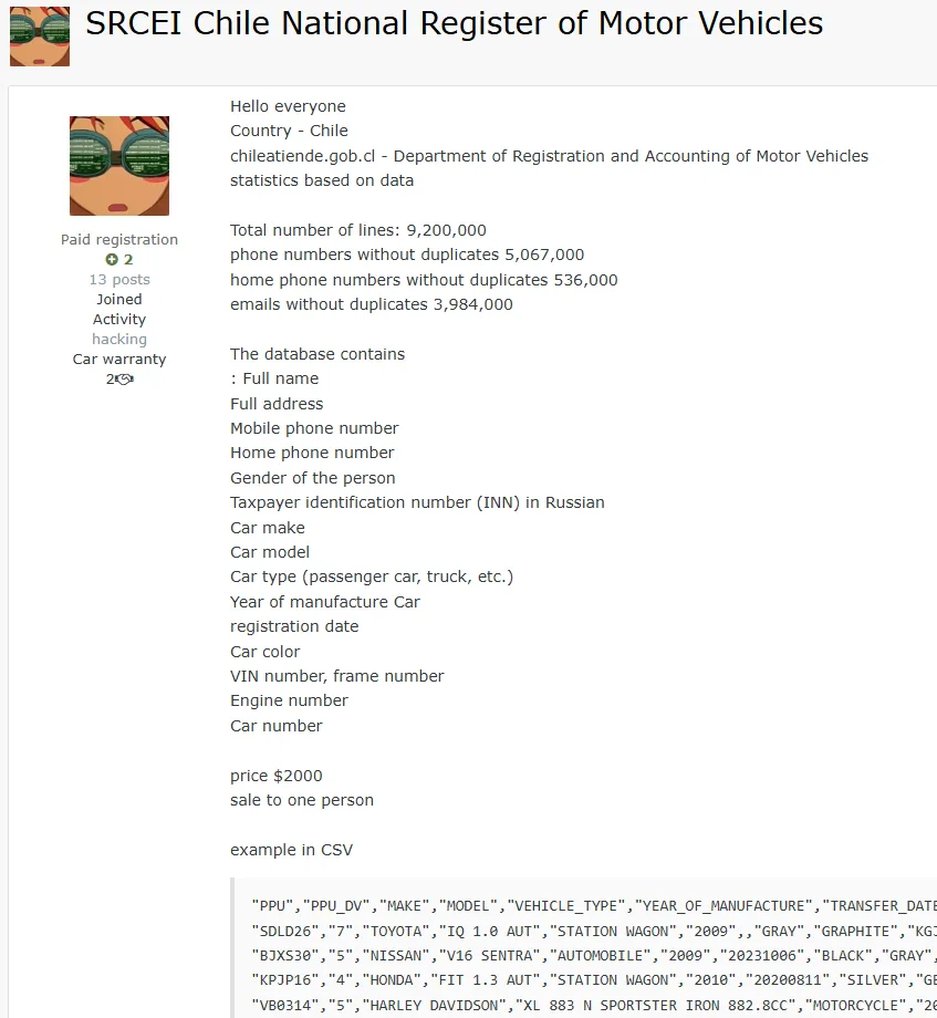 Data Breach at Chile’s National Register of Motor Vehicles (SRCEI)