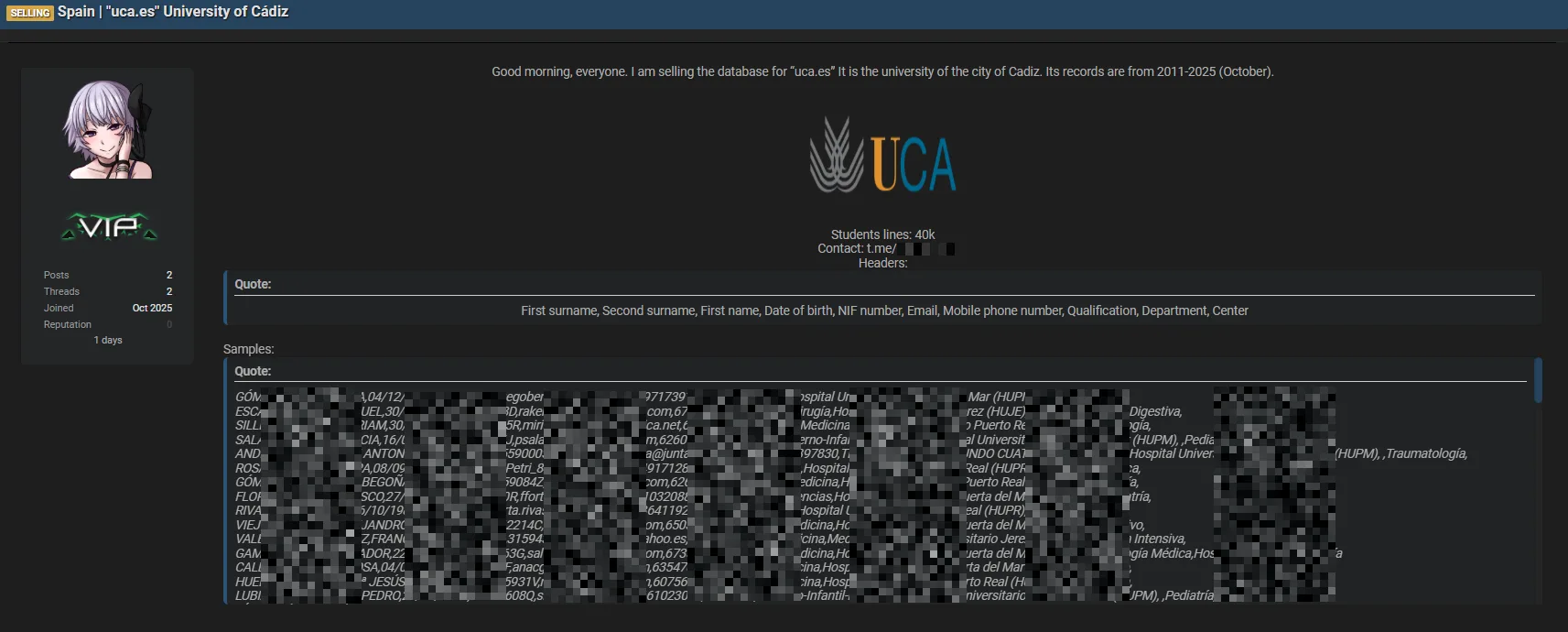University of Cádiz (UCA) Data Breach Exposes Student Info Daily Dark Web