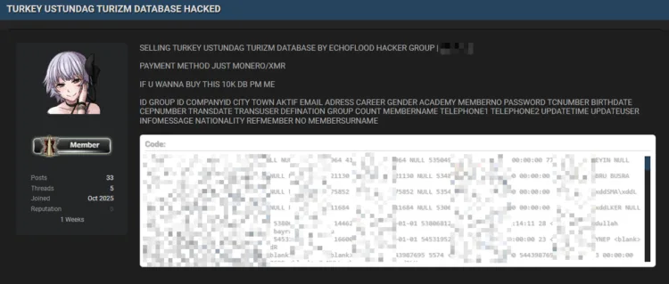 Ustundag Turizm Data Breach: Turkish Travel Database for Sale