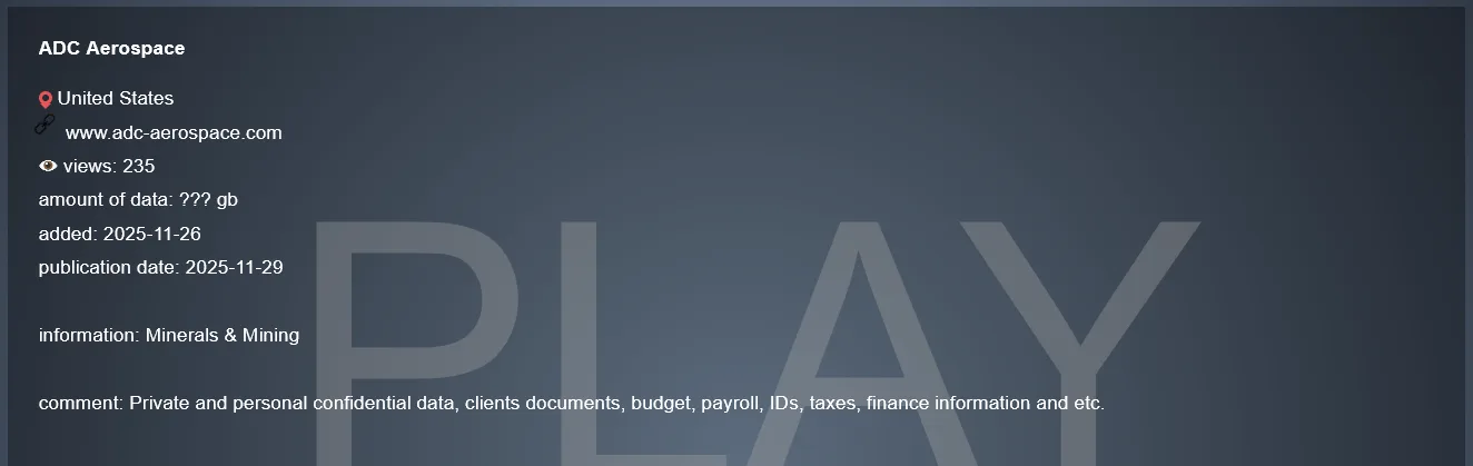 ADC Aerospace Hit by Play Ransomware Attack and Data Breach