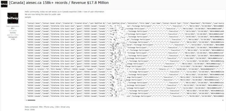 AIESEC Canada Data Breach Exposes 158k User Records